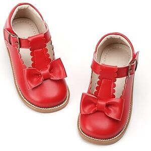 Kiderence Toddler Girls Size 6 Red Bow Faux Leather Hook Loop Mary Jane Shoes